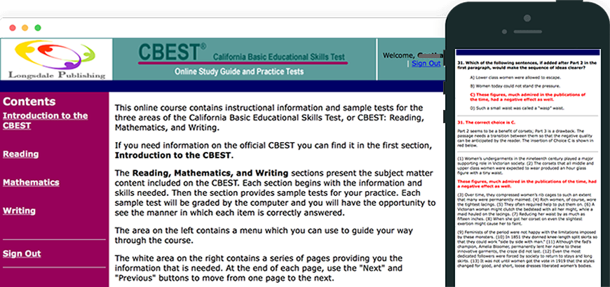 Main menu of CBEST test prep program and view on iPhone