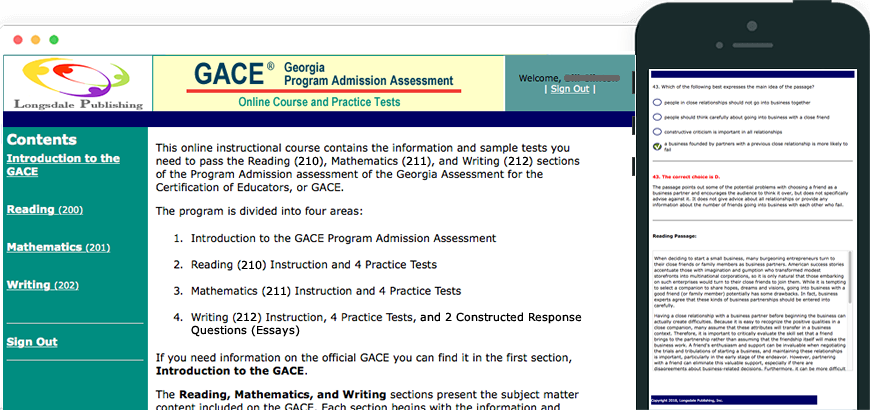 Main menu of GACE test prep program and view on iPhone