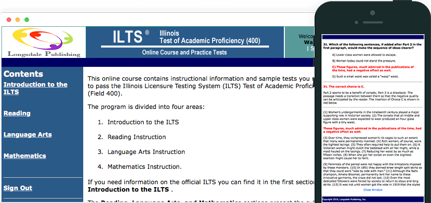 Main menu of ILTS TAP test prep program and view on iPhone