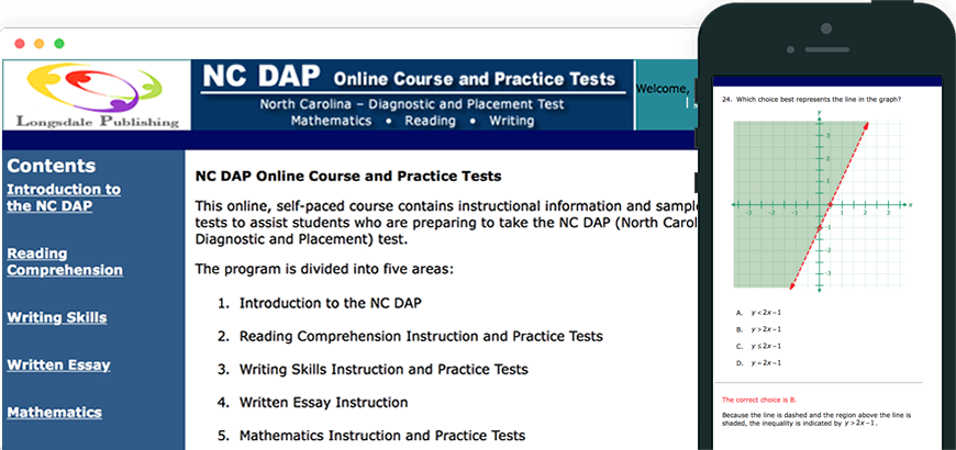 Main menu of NC DAP test prep program and view on iPhone