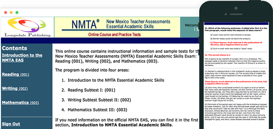 Main menu of NMTA EAS test prep program and view on iPhone