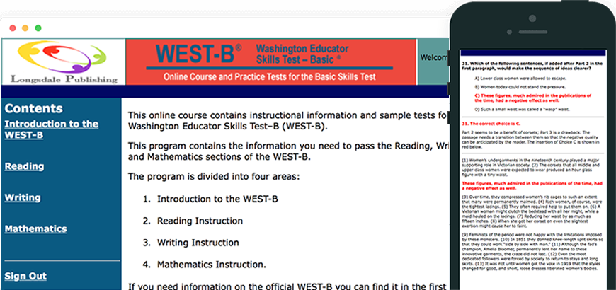 Main menu of WEST-B test prep program and view on iPhone