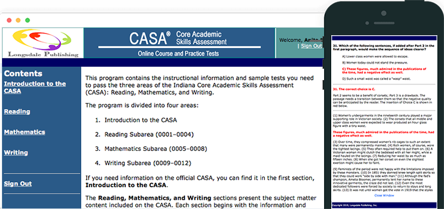 Main menu of CASA test prep program and view on iPhone