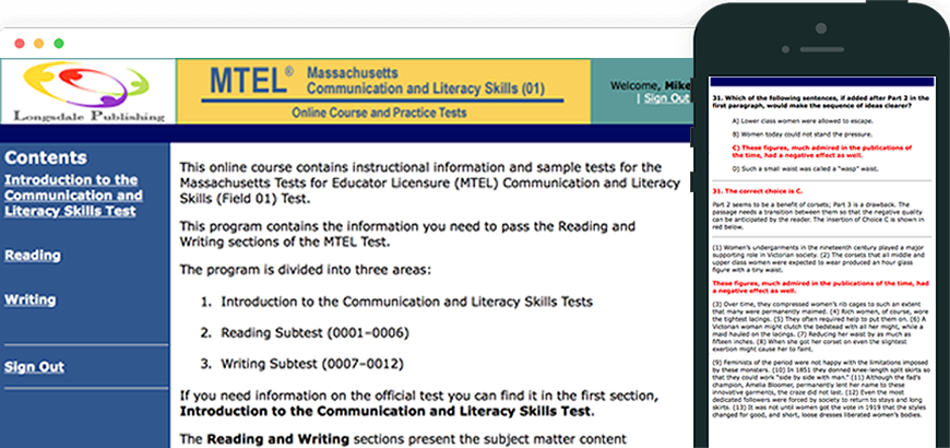 Main menu of MTEL test prep program and view on iPhone