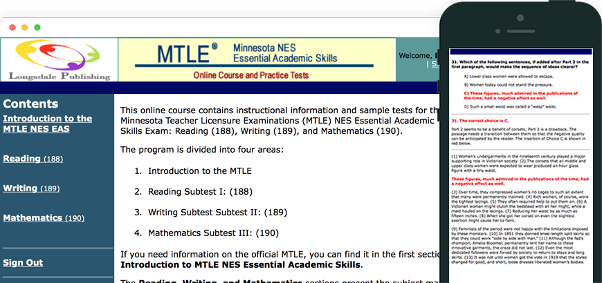 Main menu of MN NES EAS test prep program and view on iPhone