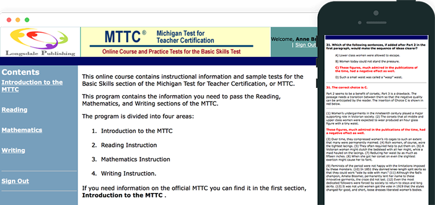 Main menu of MTTC test prep program and view on iPhone