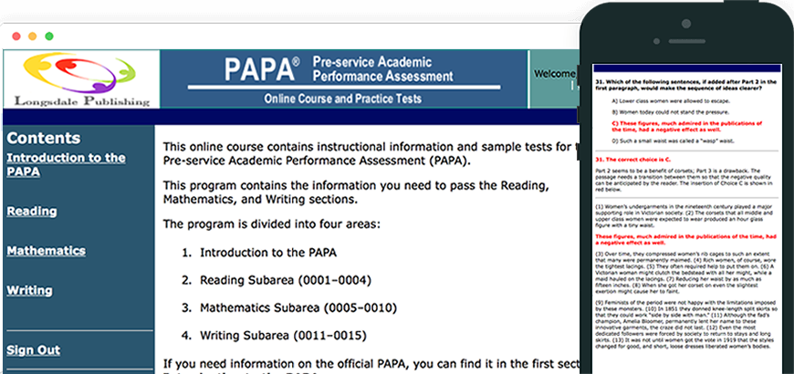 Main menu of PAPA test prep program and view on iPhone