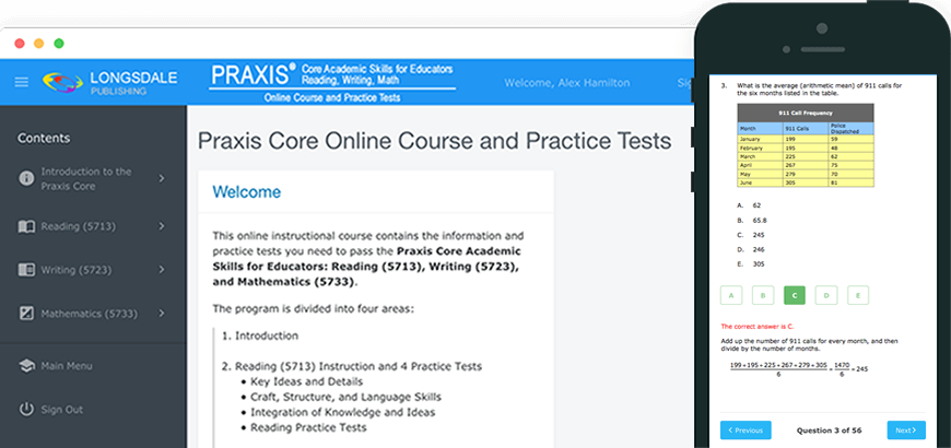 Main menu of Praxis Core test prep program and view on iPhone
