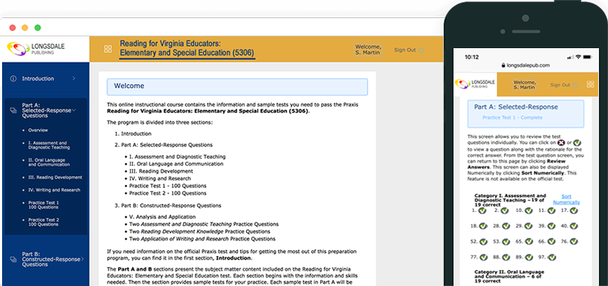 Main menu of Praxis RVE 5306 test prep program and view on iPhone