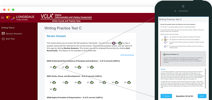 Main menu of VCLA test prep program and view on iPhone