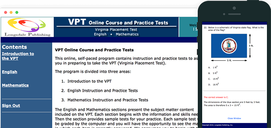 Main menu of VPT test prep program and view on iPhone